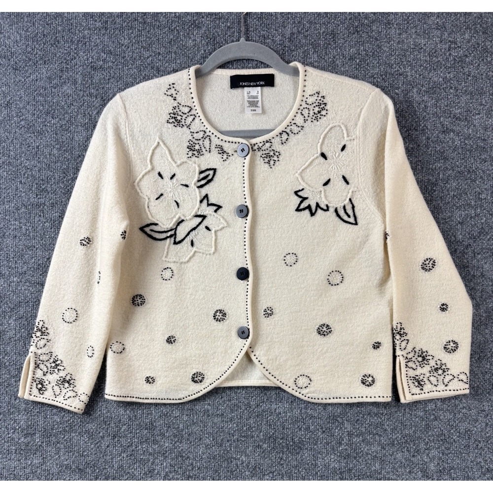 Jones New York Women Small Beige Beaded Cardigan 3/4 Sleeve Merino Wool